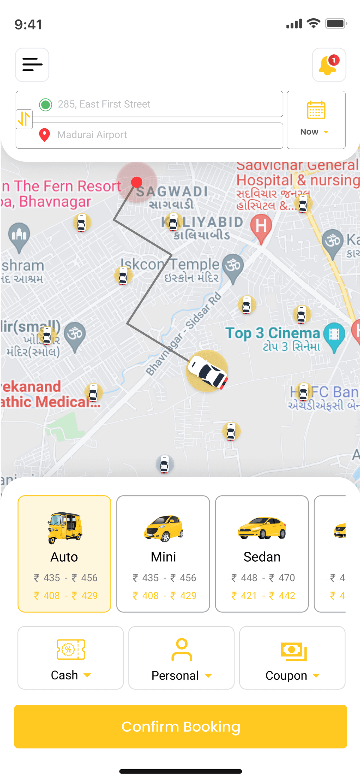 CabScript customer booking interface showing ride type selection, pickup location, and fare estimates